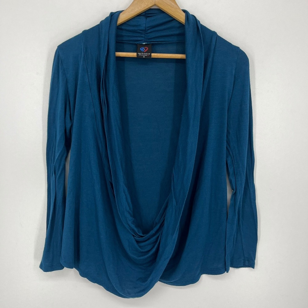 Rags & Couture Womens Draped Open Front Cardigan Teal Blue Long Sleeve Size M